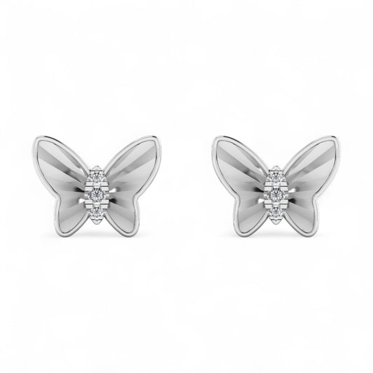 Butterfly-shaped earrings with diamond centers on a white background