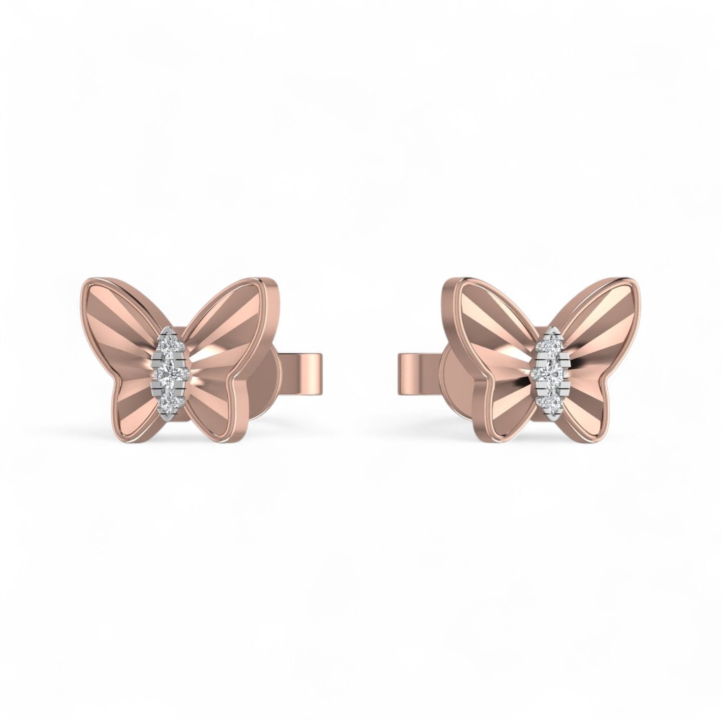 Rose gold butterfly earrings with diamond centers on a white background