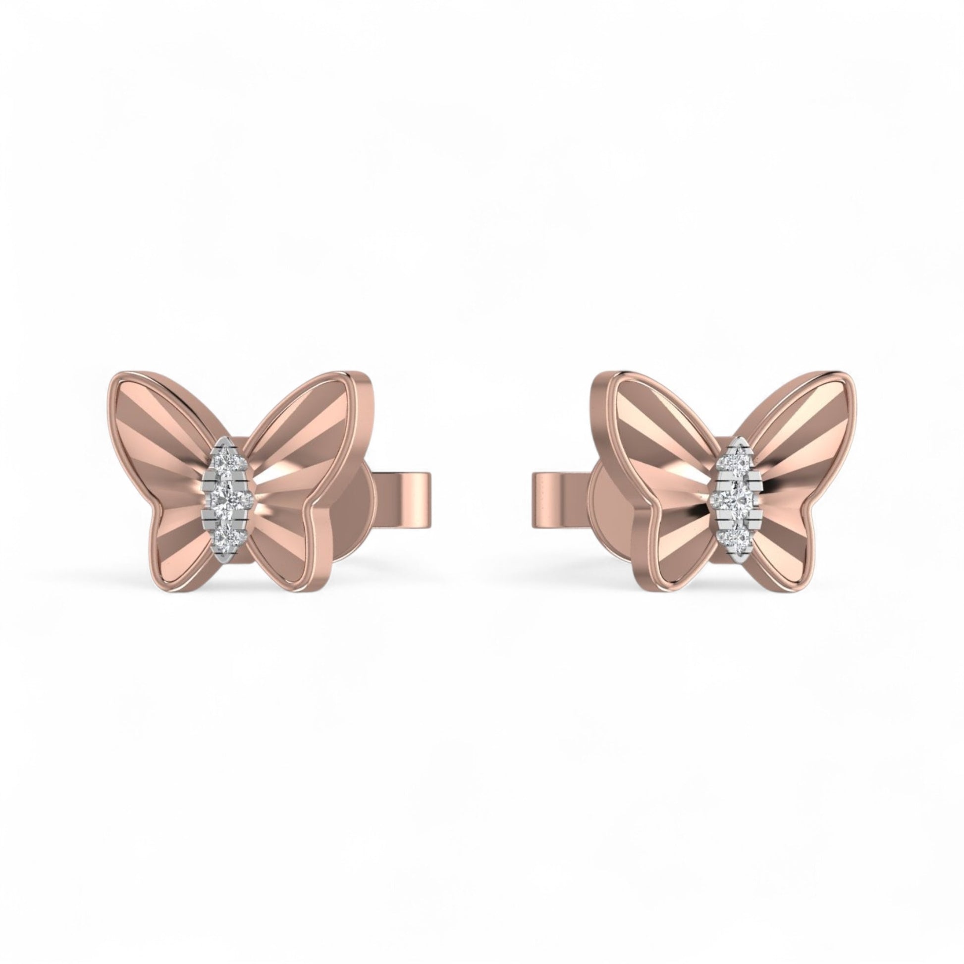 Rose gold butterfly earrings with diamond centers on a white background