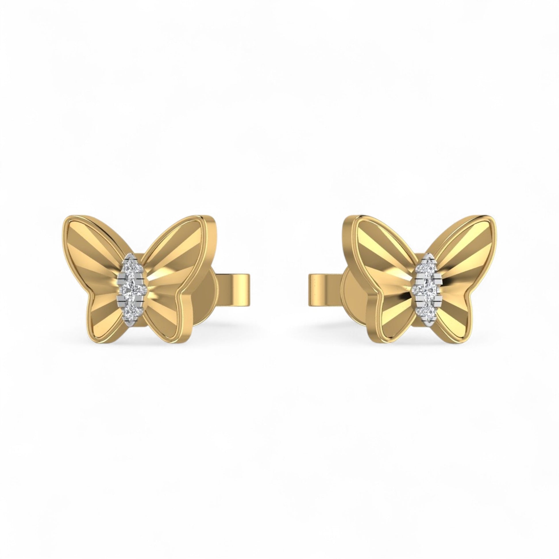 Gold butterfly earrings with diamond centers on a white background
