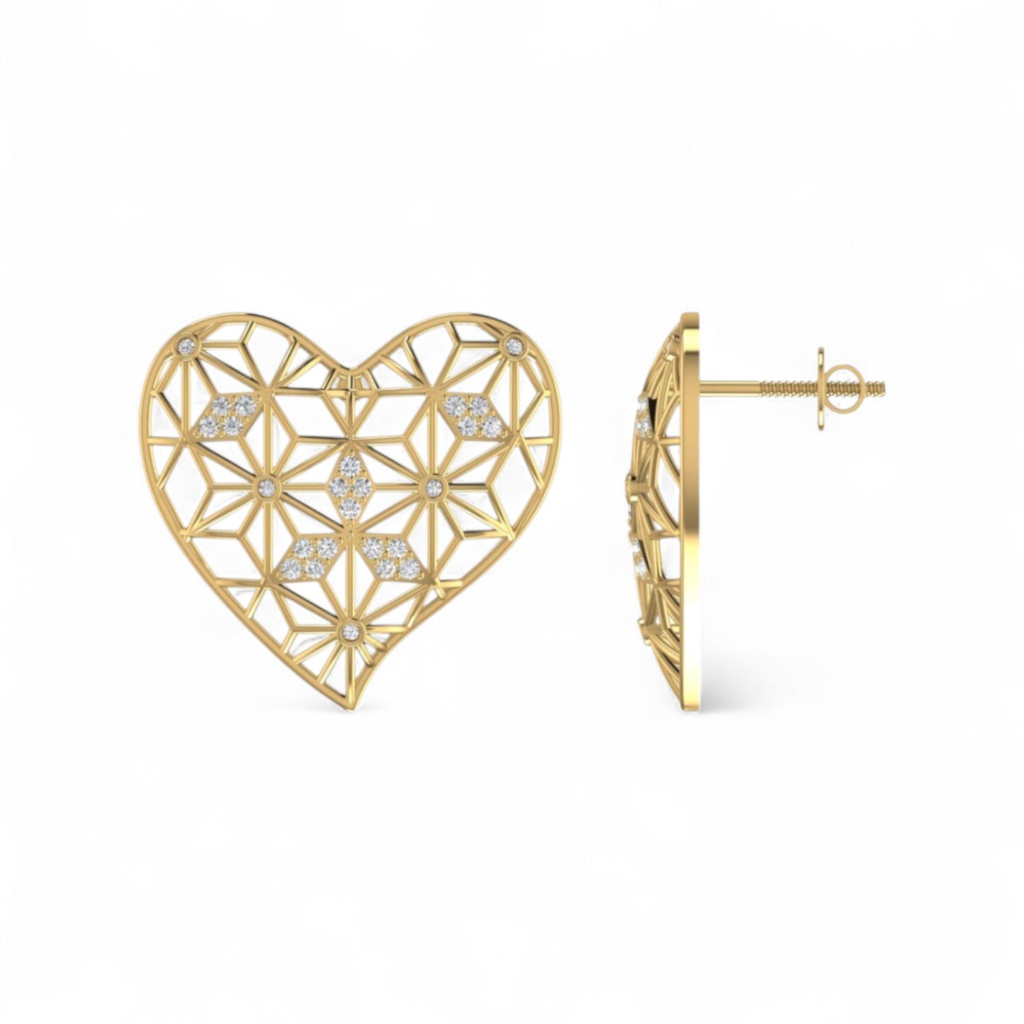 Gold heart-shaped earrings with geometric design on a white background