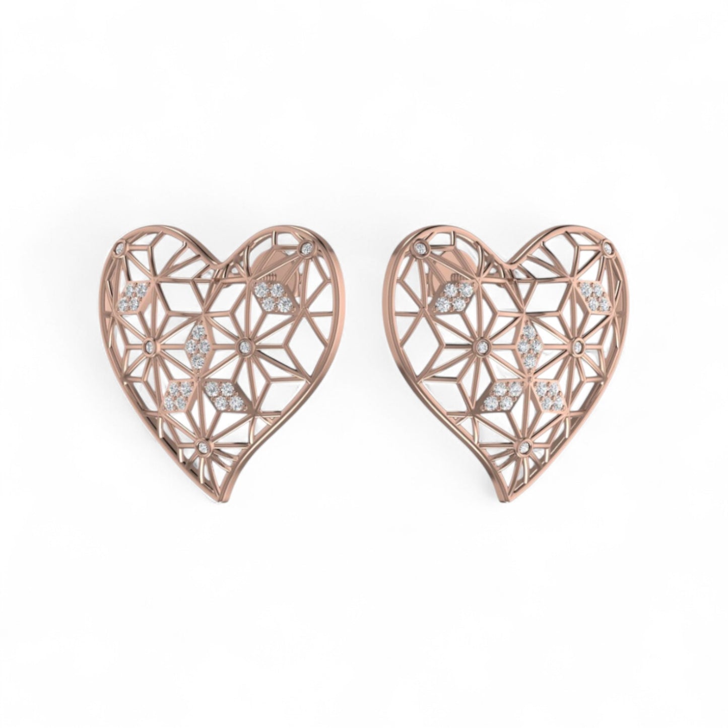 Rose gold heart-shaped earrings with diamond-like stones on a white background