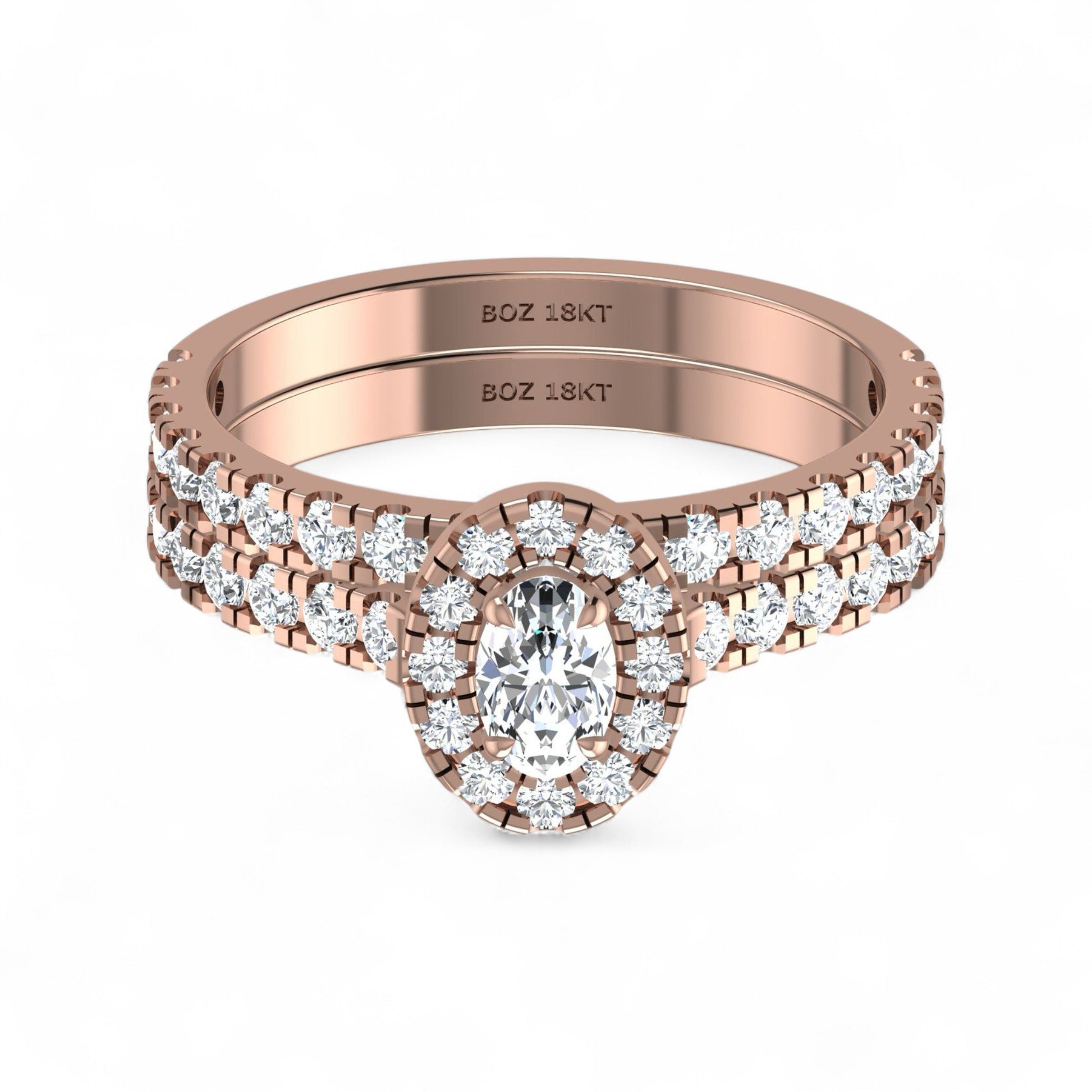 Rose gold ring with diamond accents on a white background