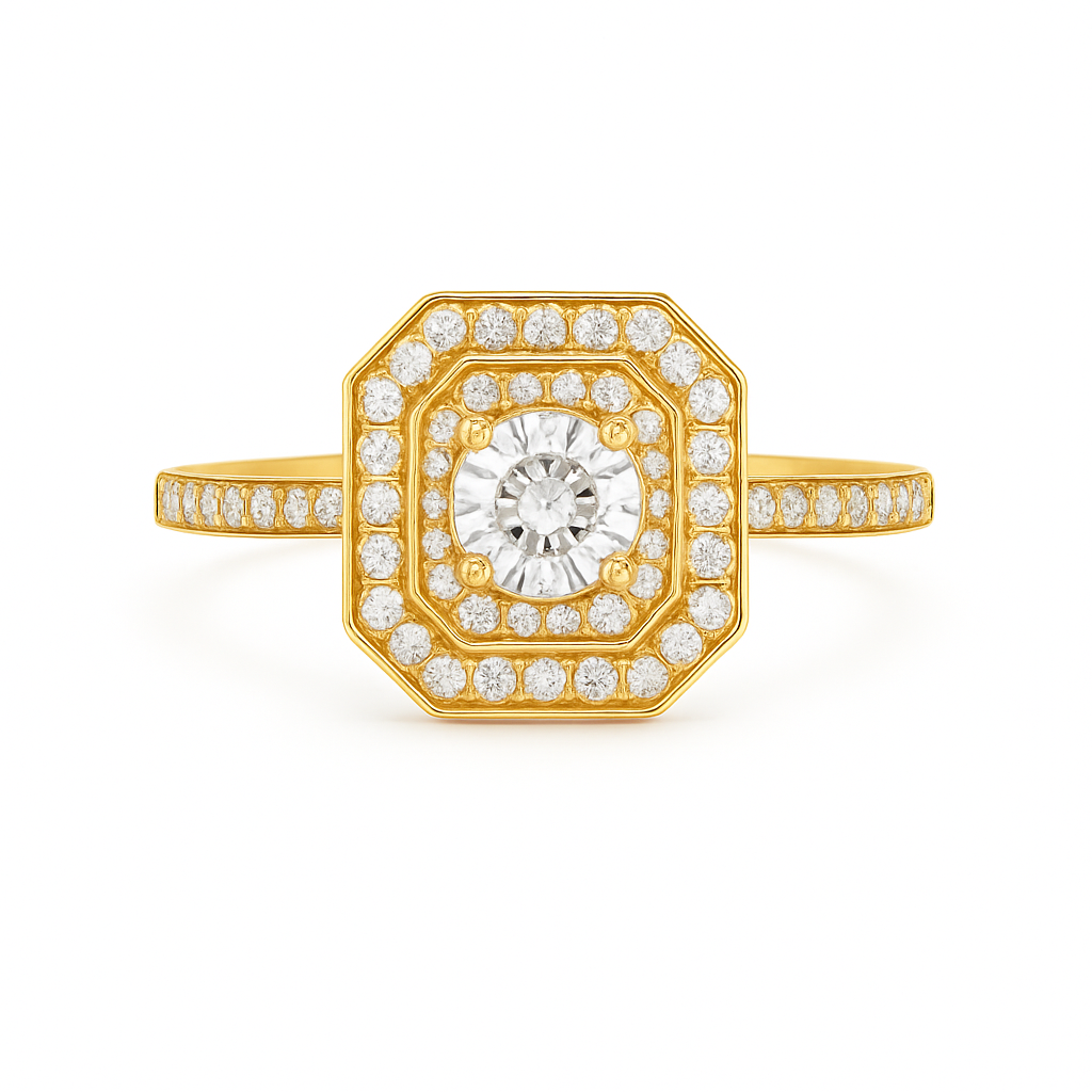 Gold ring with a central diamond and smaller diamonds on a white background