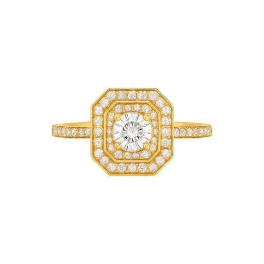 Hexagonal design 18KT gold engagement ring with round-cut cubic zirconia centerpiece and double halo pavé band