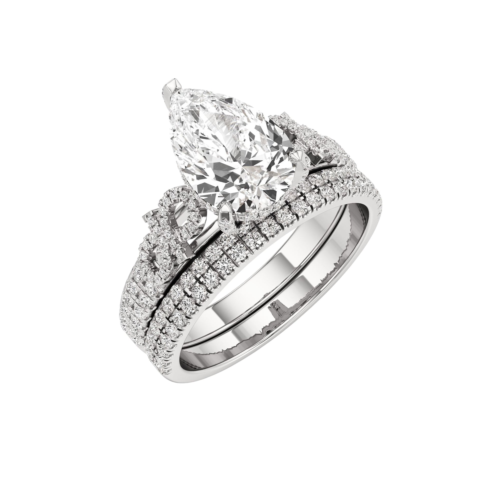 Diamond ring with a pear-shaped center stone on a white background