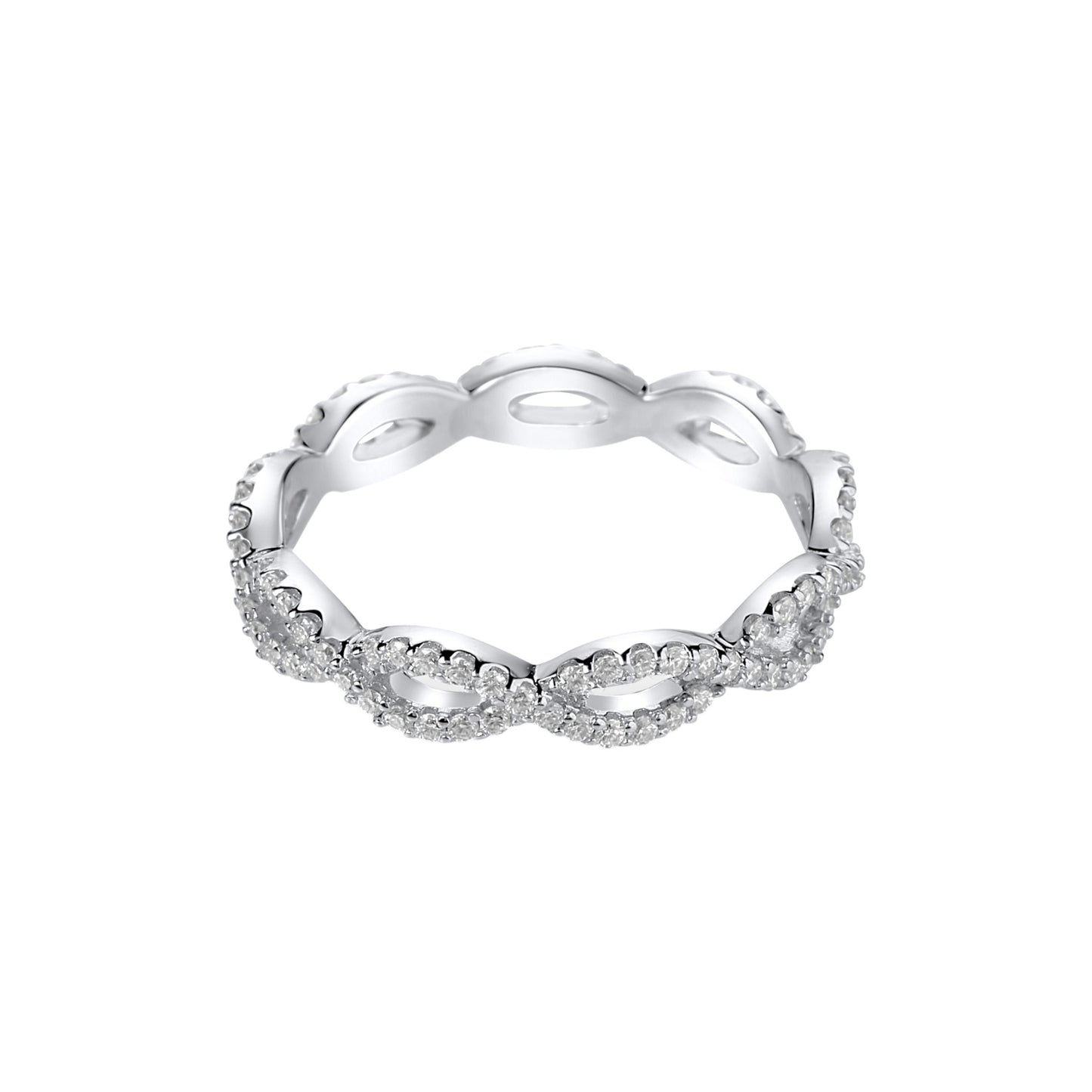 Silver ring with small diamonds on a white background