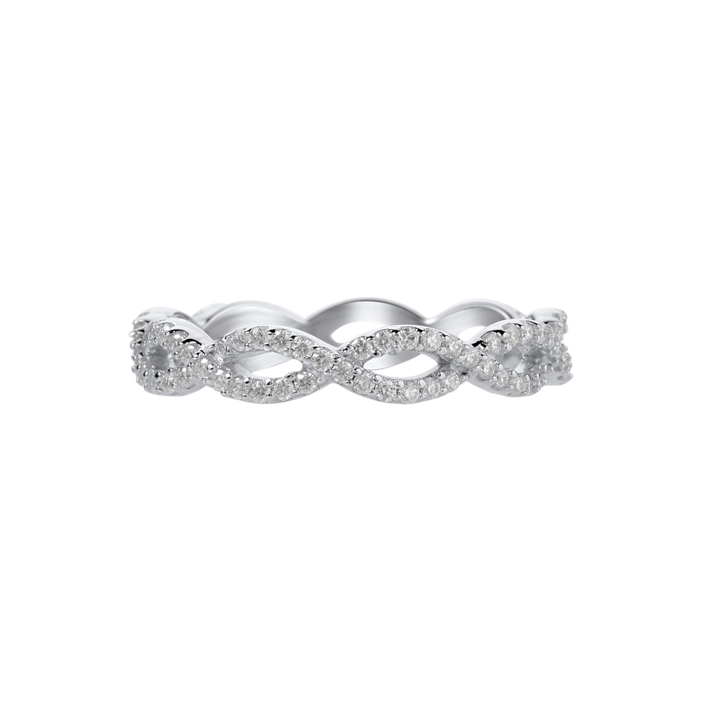 Silver ring with a diamond infinity design on a white background