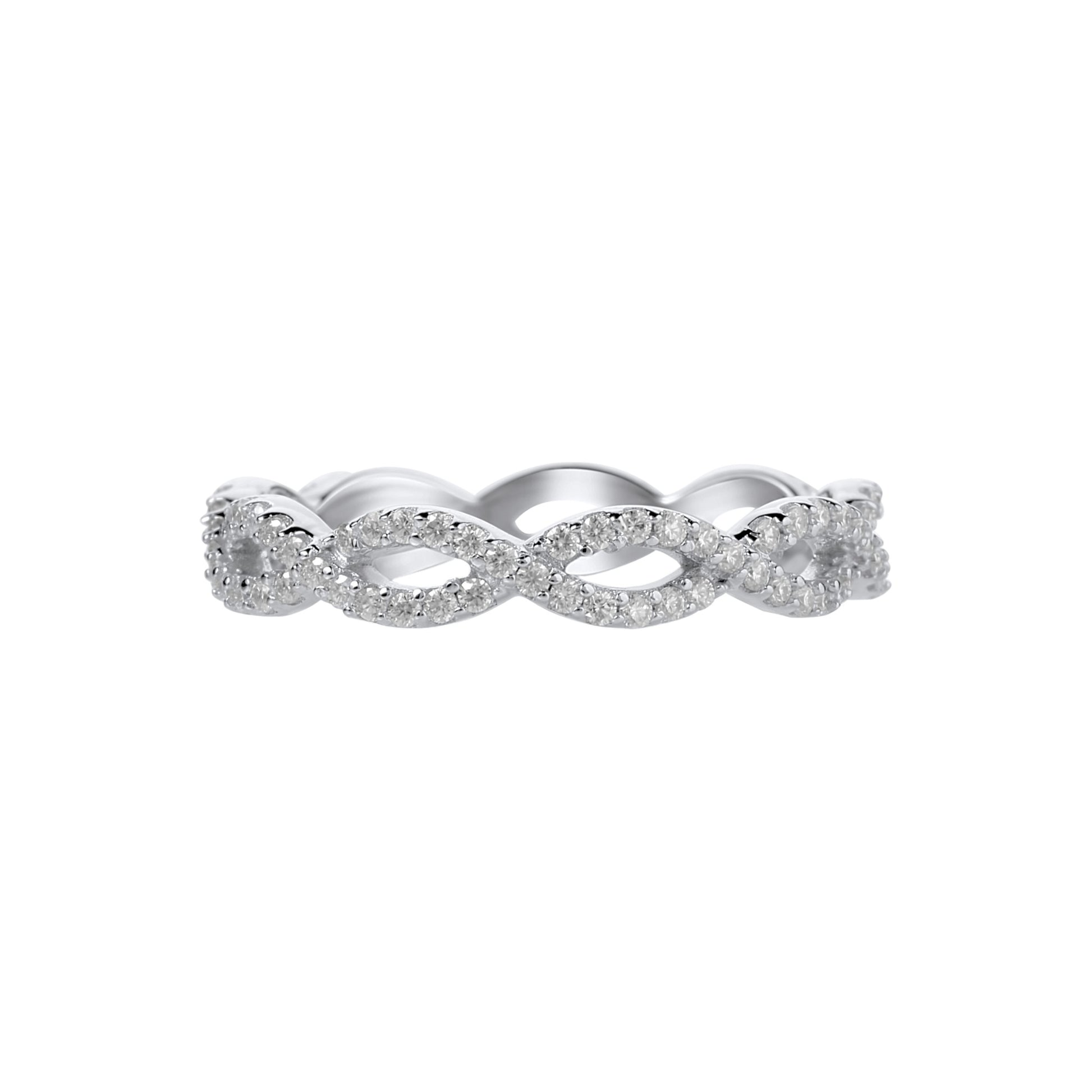 Silver ring with a diamond infinity design on a white background