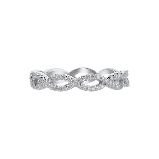 Silver ring with a diamond infinity design on a white background