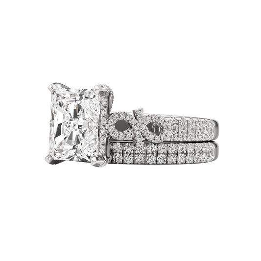 Diamond ring with a matching band on a white background