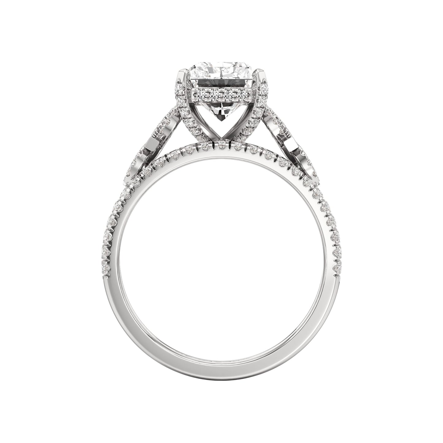 Diamond ring with a central gemstone and smaller diamonds on a white background