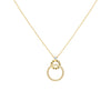 Gold necklace with a circular pendant on a white background
