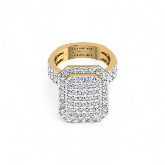 Gold and silver ring with diamond accents on a white background