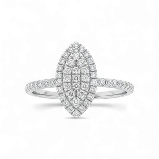 Diamond ring with a marquise-shaped center on a white background
