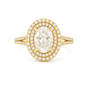 Gold ring with a large diamond and smaller diamonds around on a white background