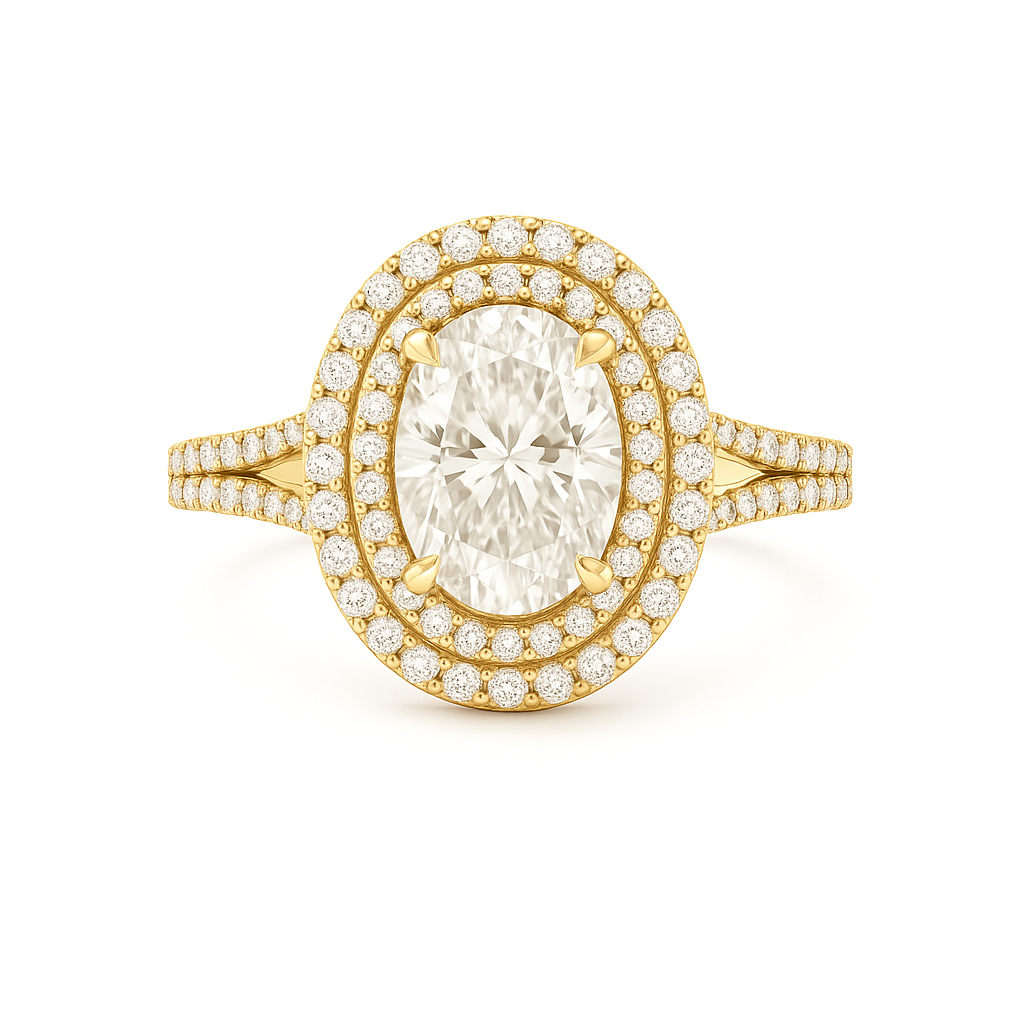 Gold ring with a large diamond and smaller diamonds around on a white background