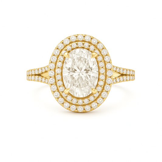 Gold ring with a large diamond and smaller diamonds around on a white background