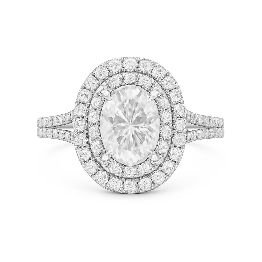 Diamond ring with a central gemstone and surrounding smaller diamonds on a white background