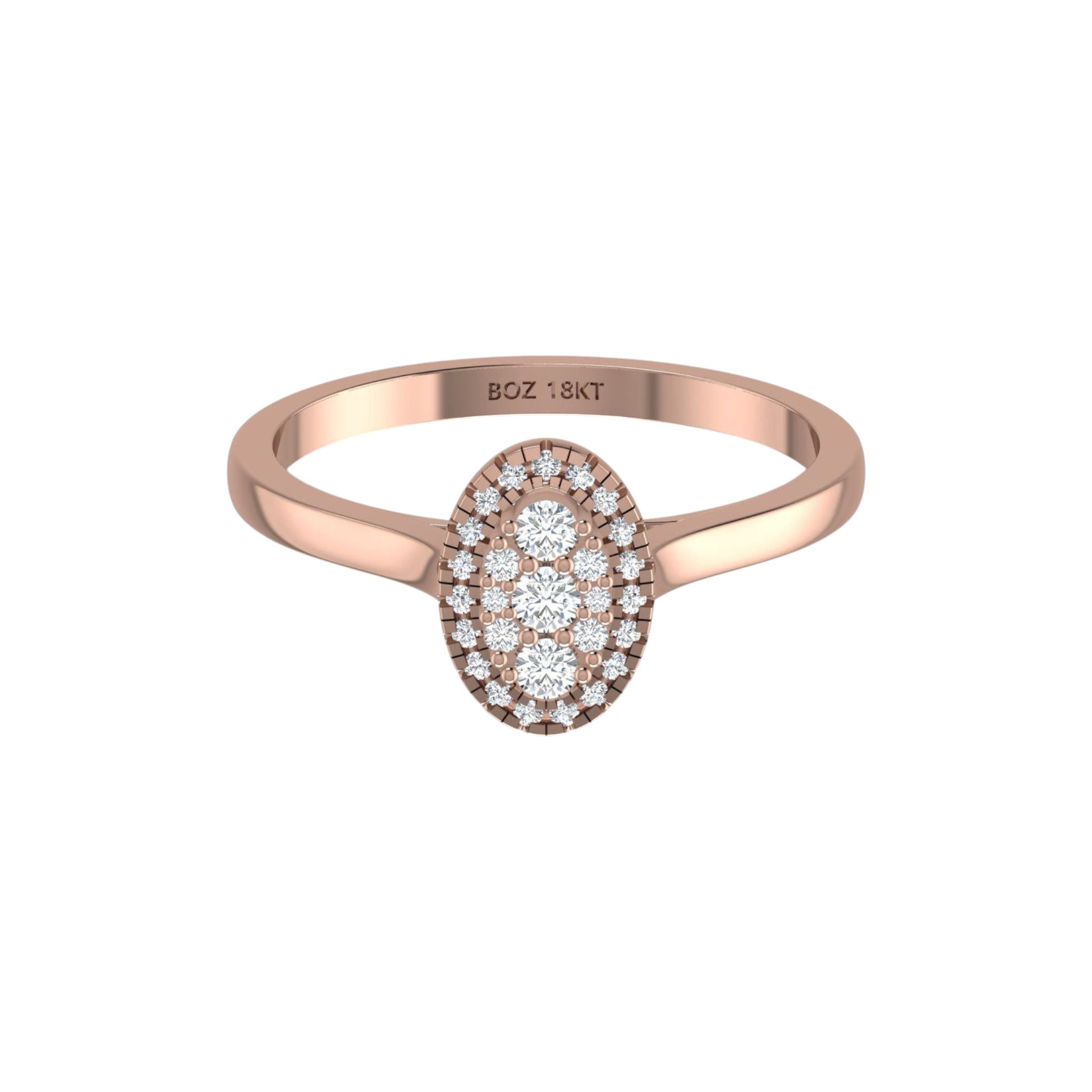 Rose gold ring with diamond accents on a white background