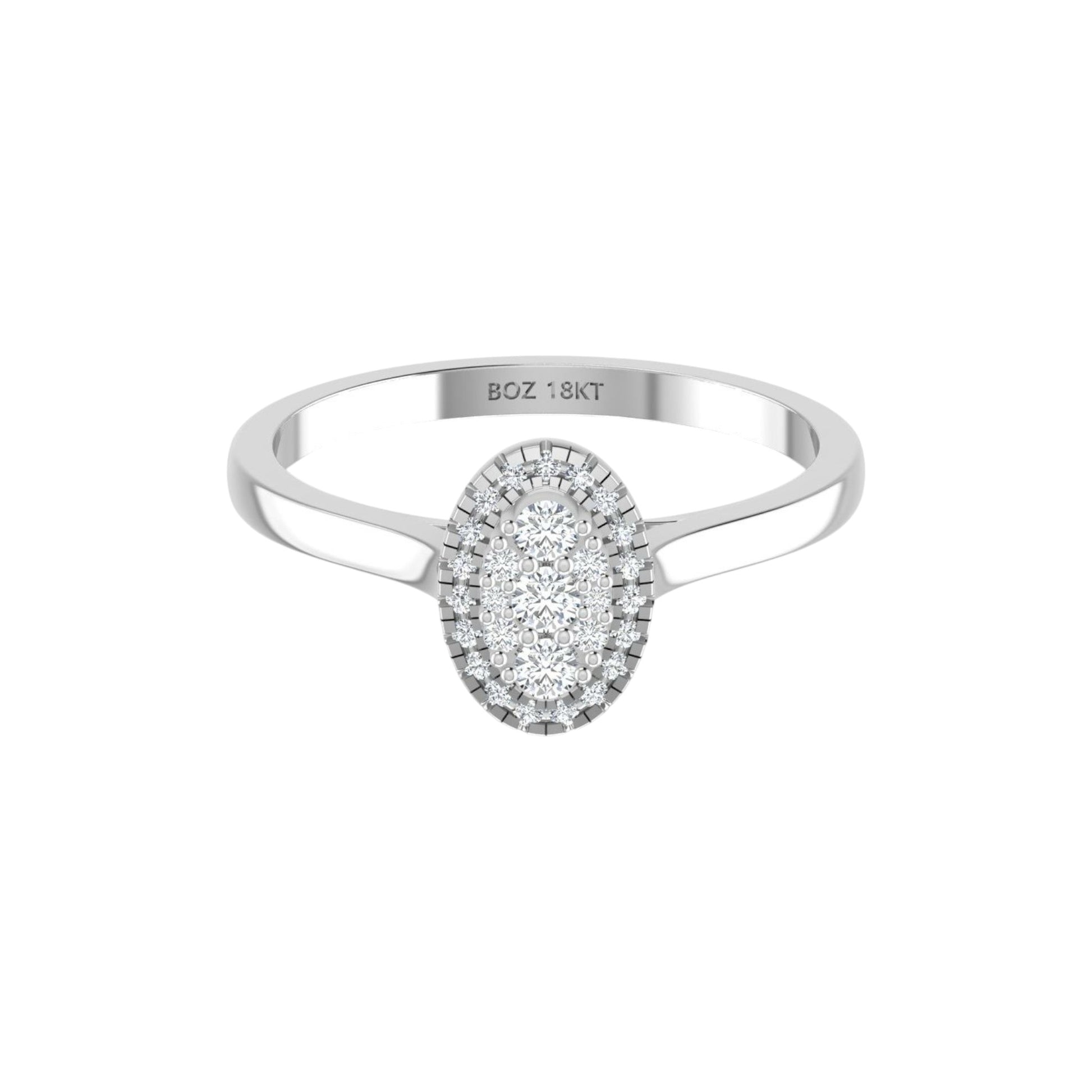 Silver ring with a diamond halo on a white background