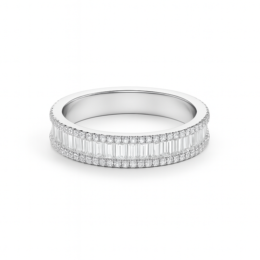 Silver ring with diamond accents on a white background