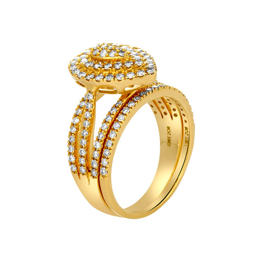 Gold ring with diamond accents on a white background