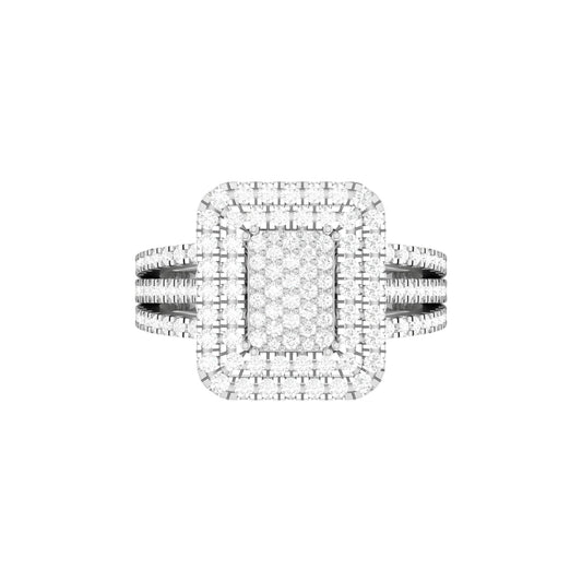 Diamond ring with a square halo on a white background