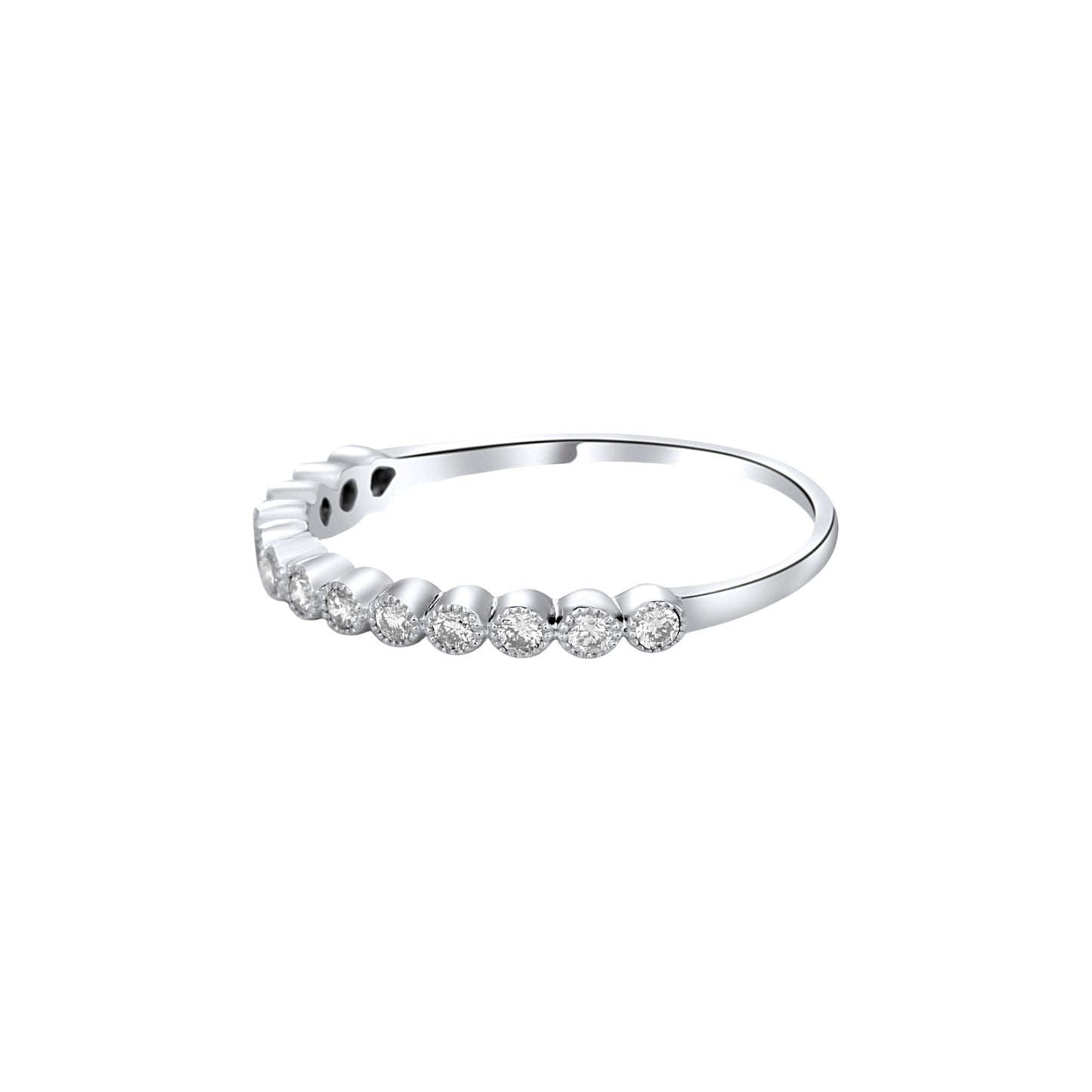 Silver ring with small diamonds on a white background