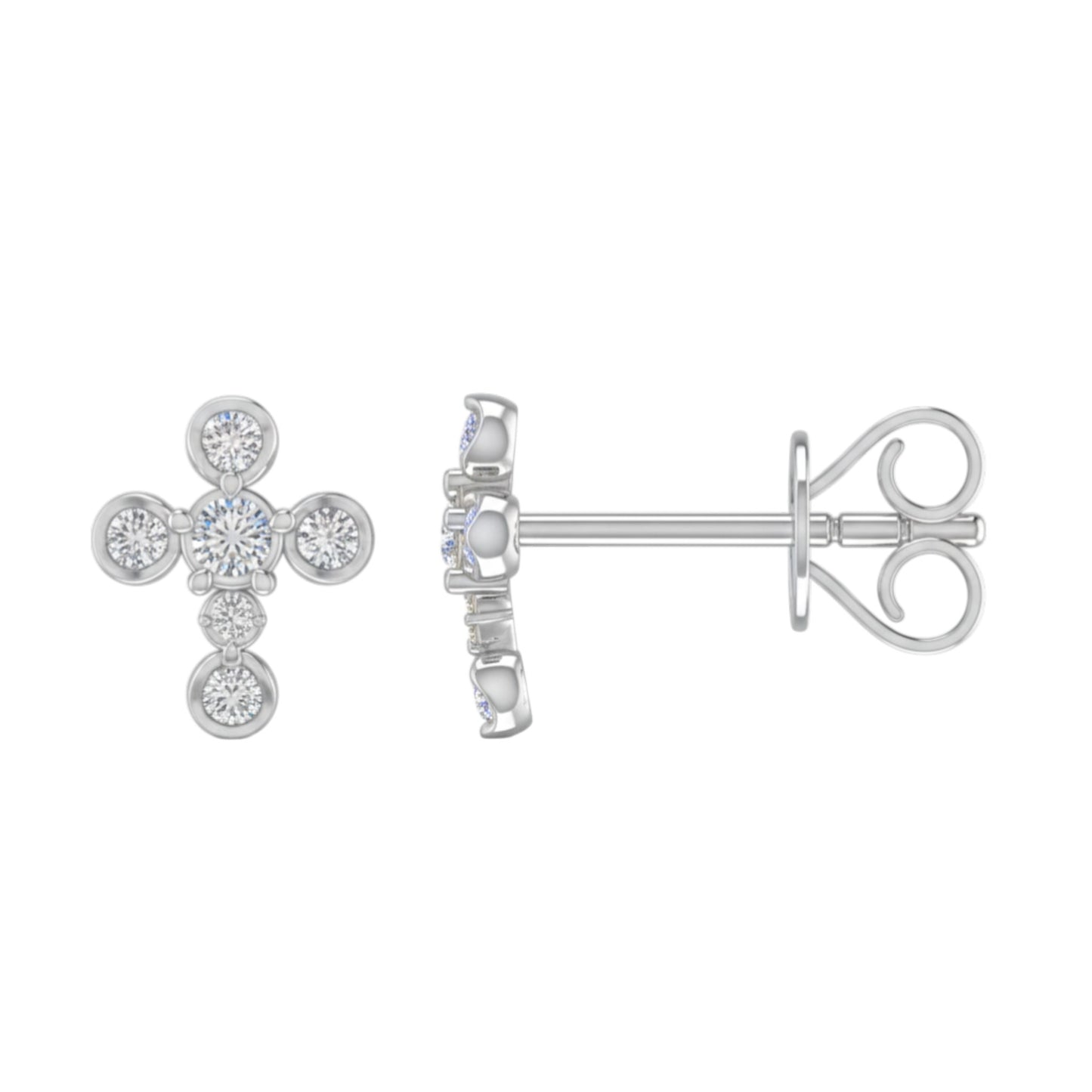 Silver earrings with clear gemstones on a white background