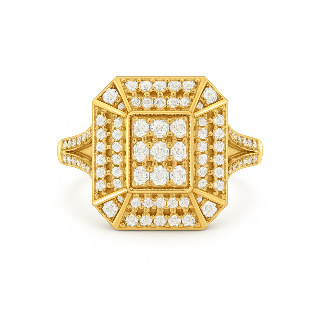 Gold ring with diamond accents on a white background
