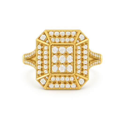 Gold ring with diamond accents on a white background