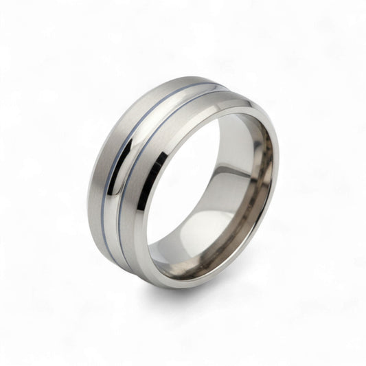 Silver ring with a blue stripe on a white background