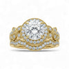 Gold ring with a large diamond and smaller diamonds on a white background
