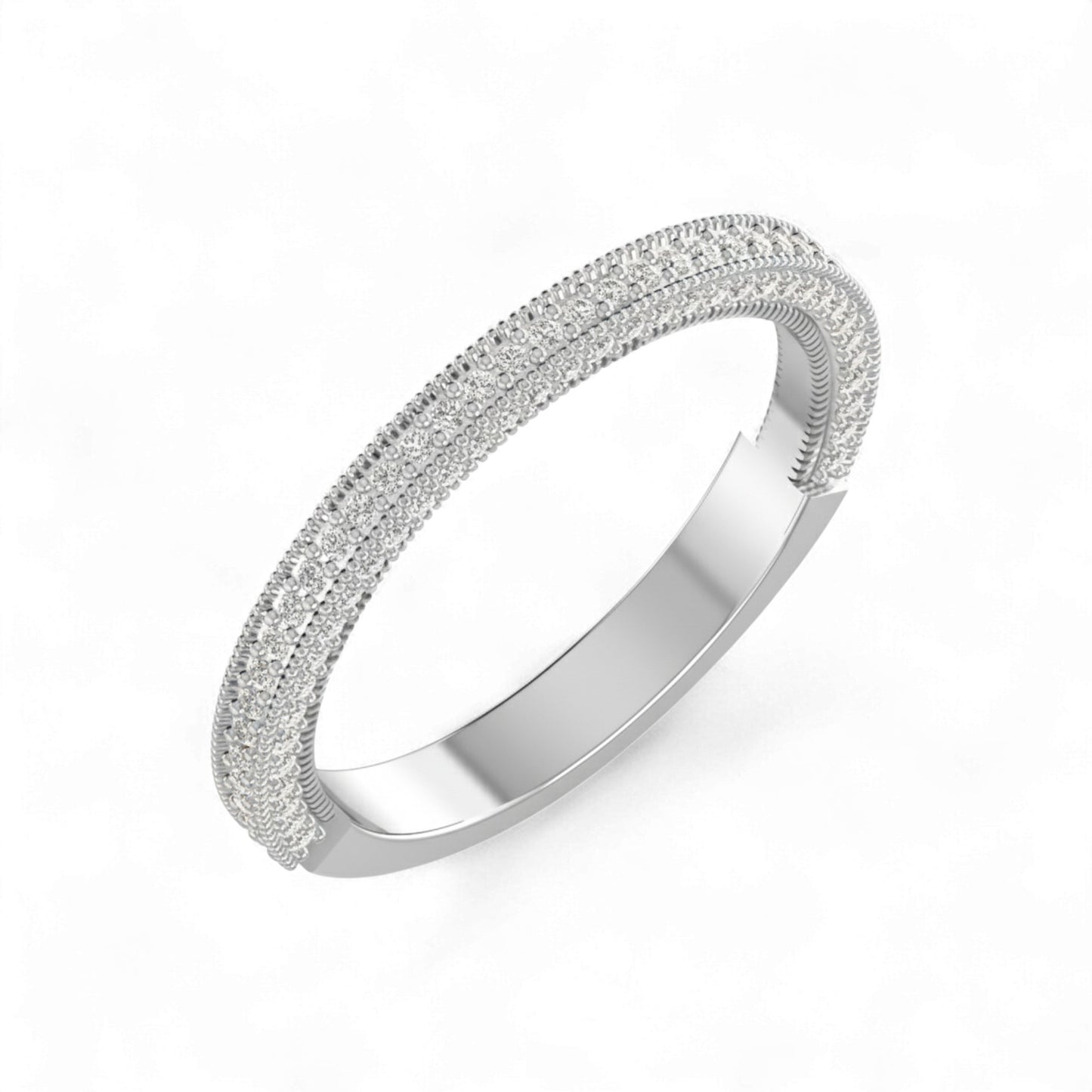 Silver ring with textured band on a white background