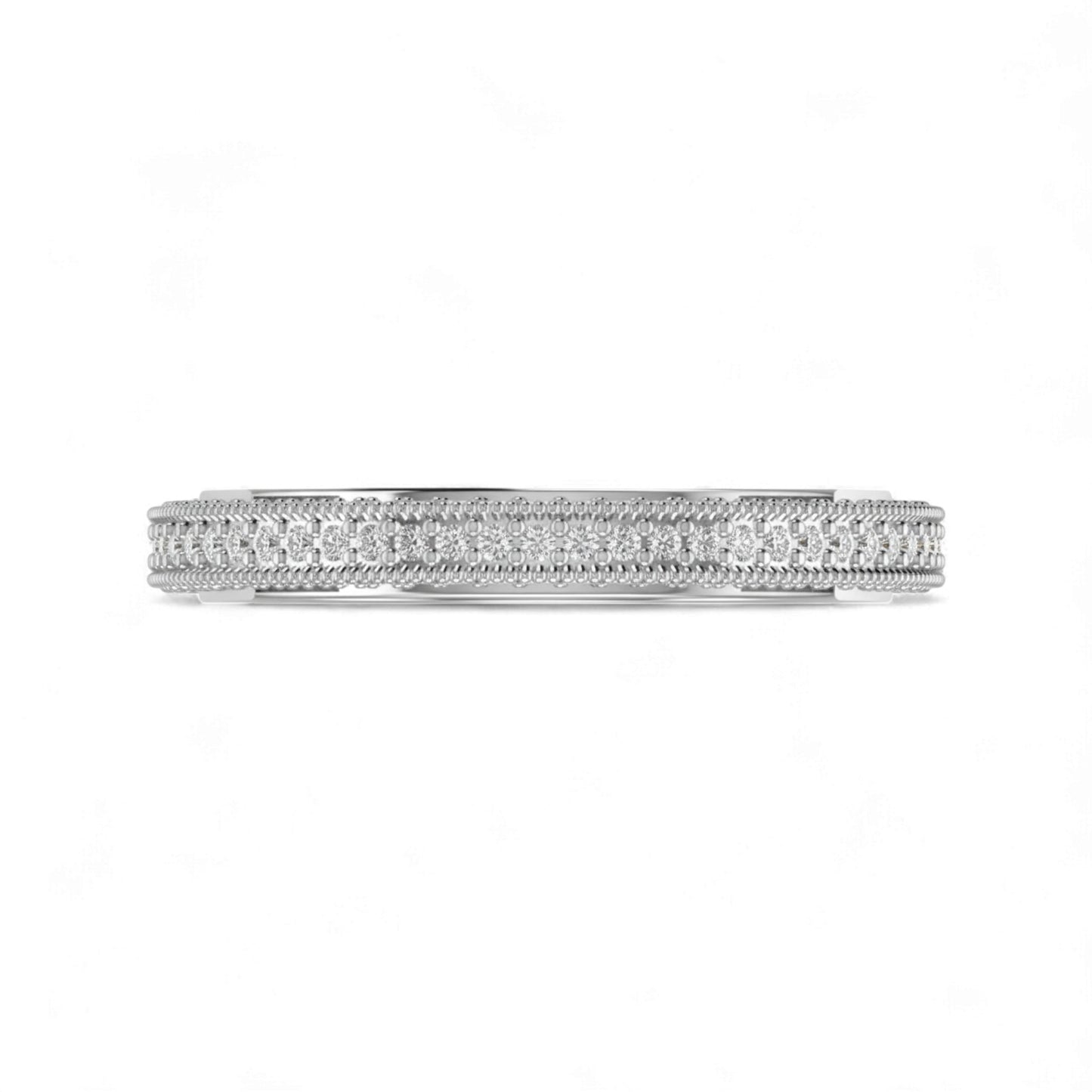 Silver ring with small diamonds on a white background