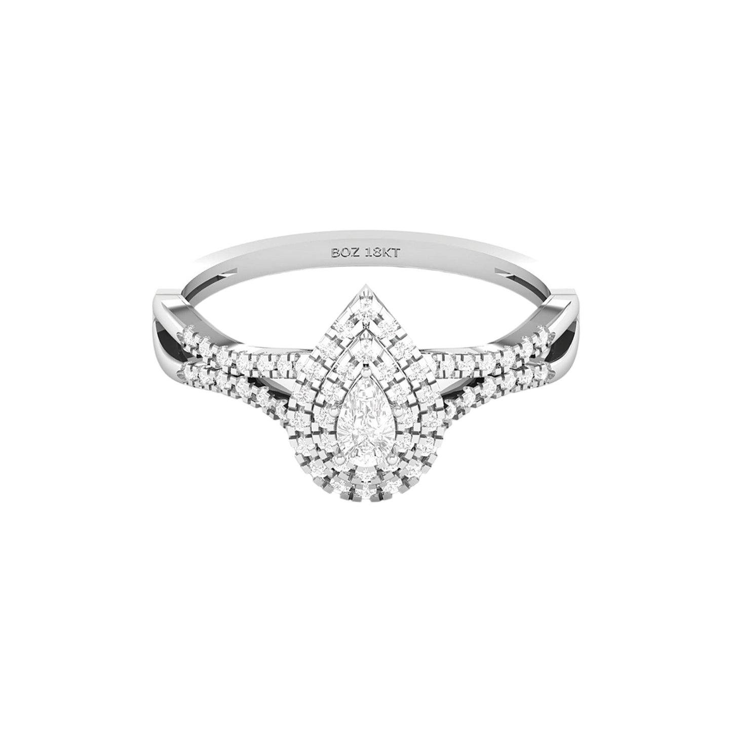 Diamond ring with a pear-shaped center stone on a white background