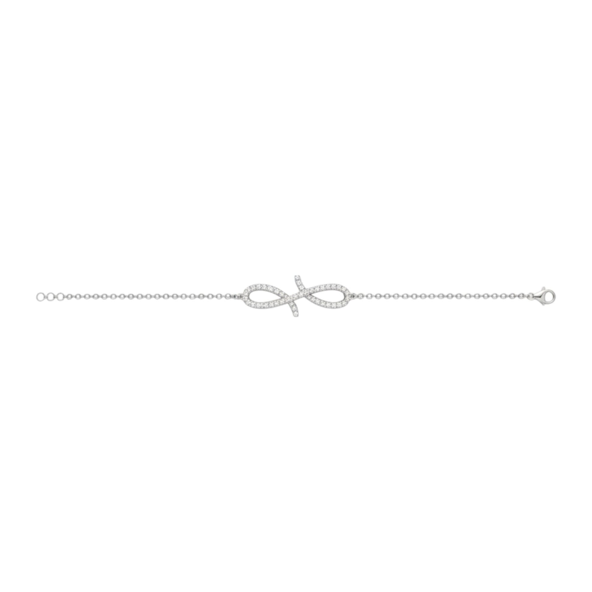 Silver bracelet with a bow-shaped clasp on a white background