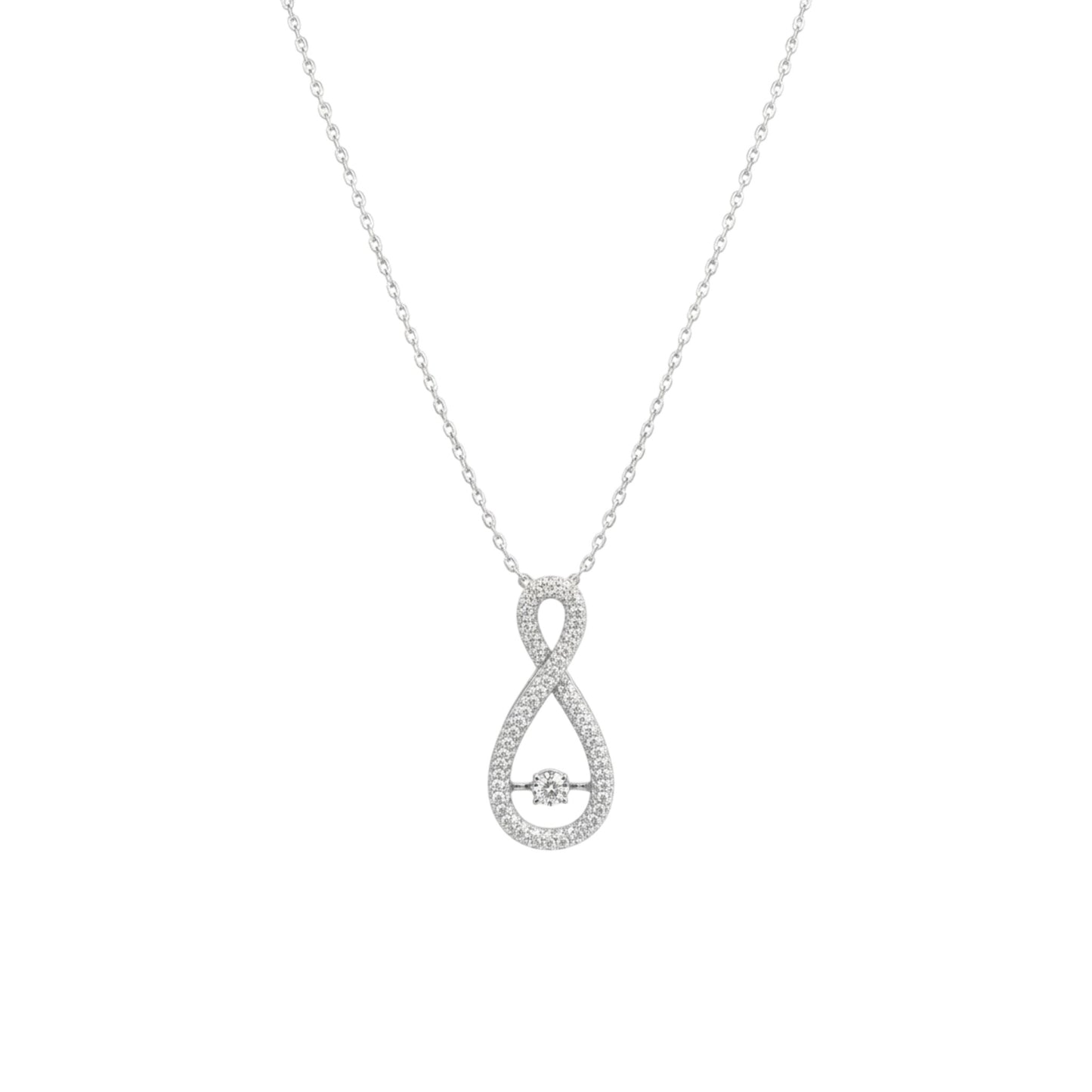 Silver infinity pendant necklace on a white background