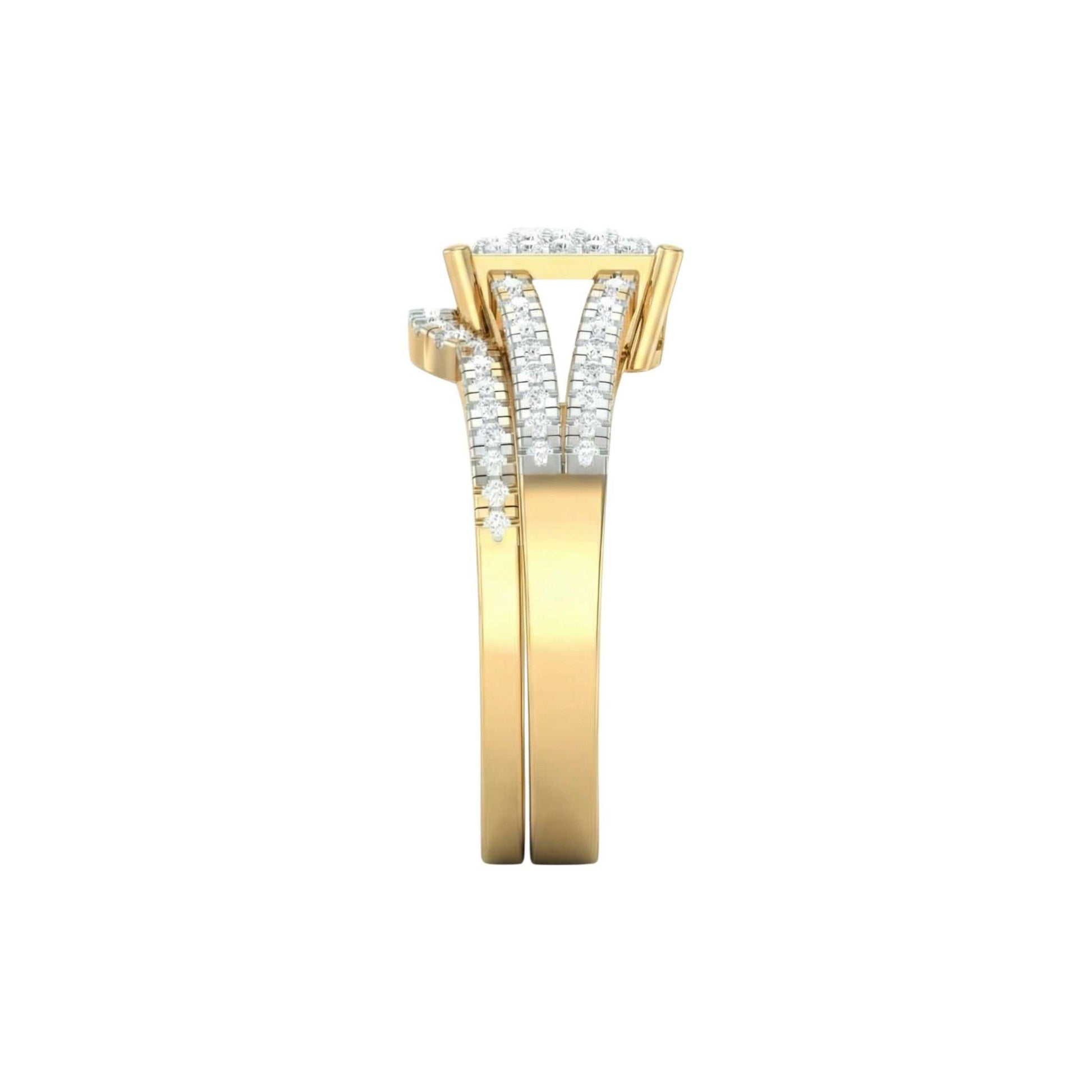 Gold ring with diamond accents on a white background