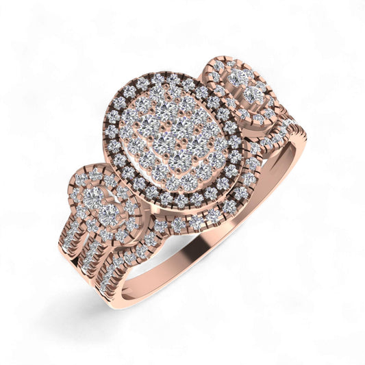 Rose gold ring with diamond accents on a white background