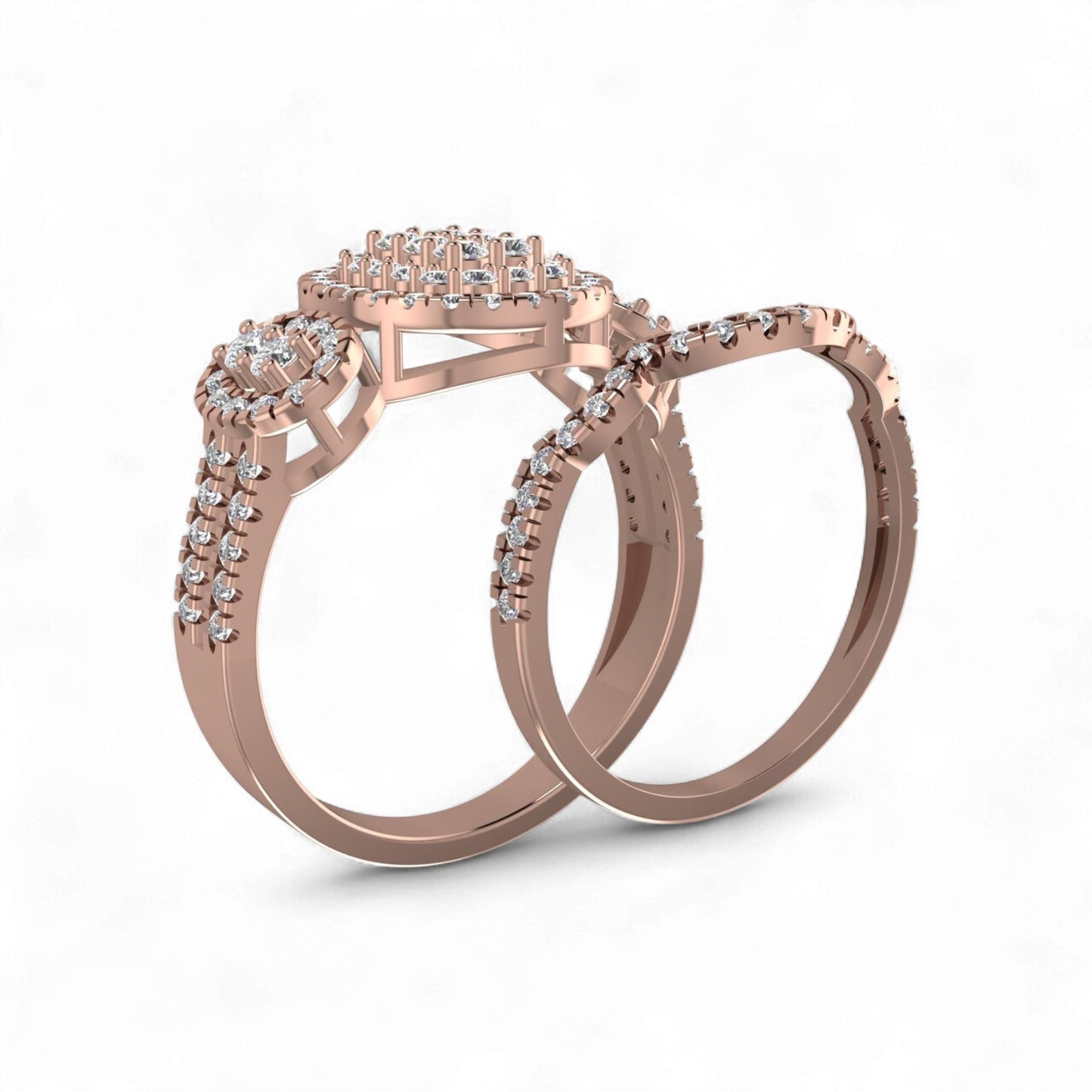 Rose gold ring with diamond accents on a white background