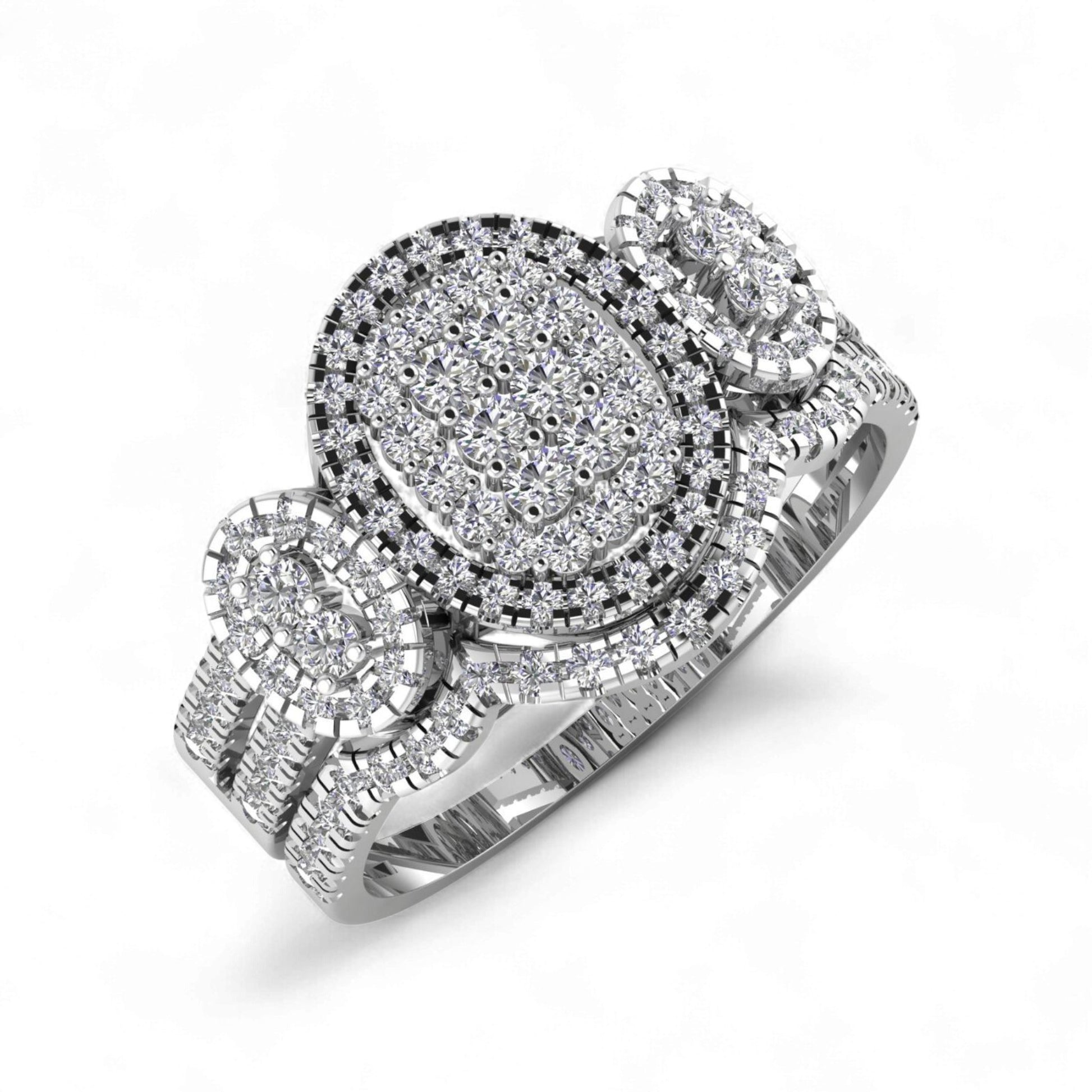 Diamond ring with multiple tiers of gemstones on a white background