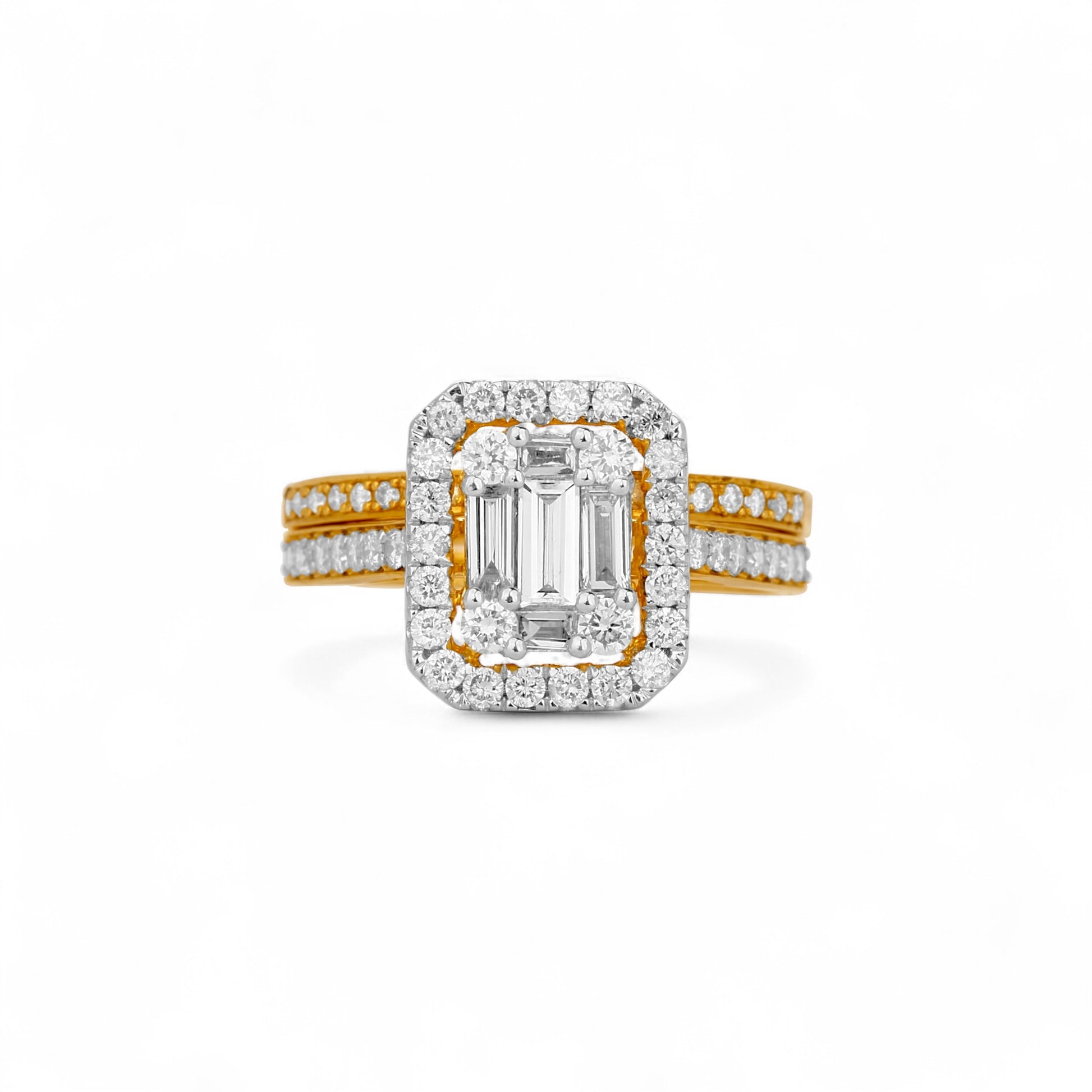 Gold and diamond ring on a white background