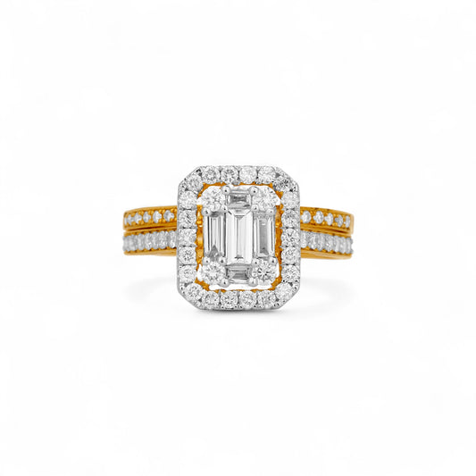 Gold and diamond ring on a white background