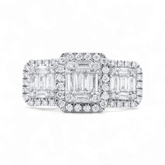 Diamond ring with emerald-cut center stone and halo on a white background