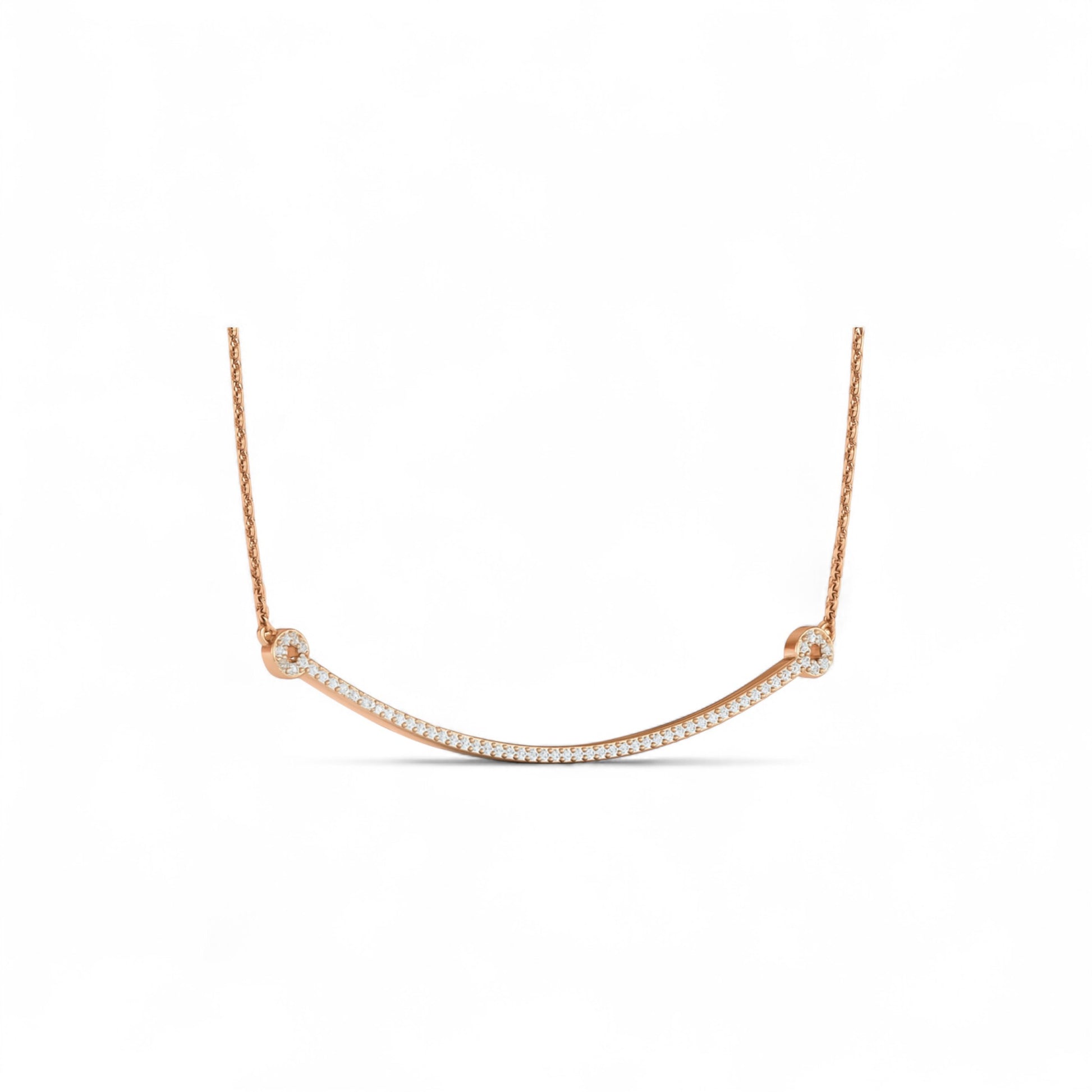 Rose gold necklace with small diamonds on a white background