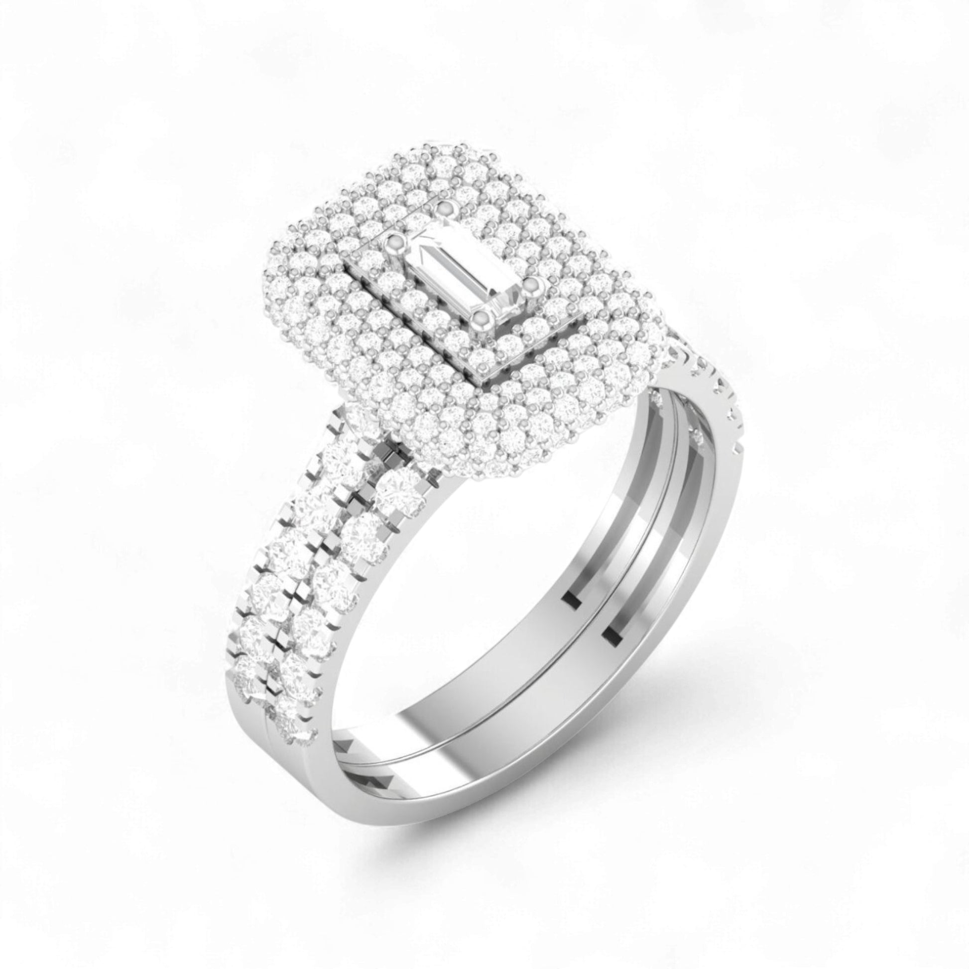 Silver ring with diamond accents on a white background