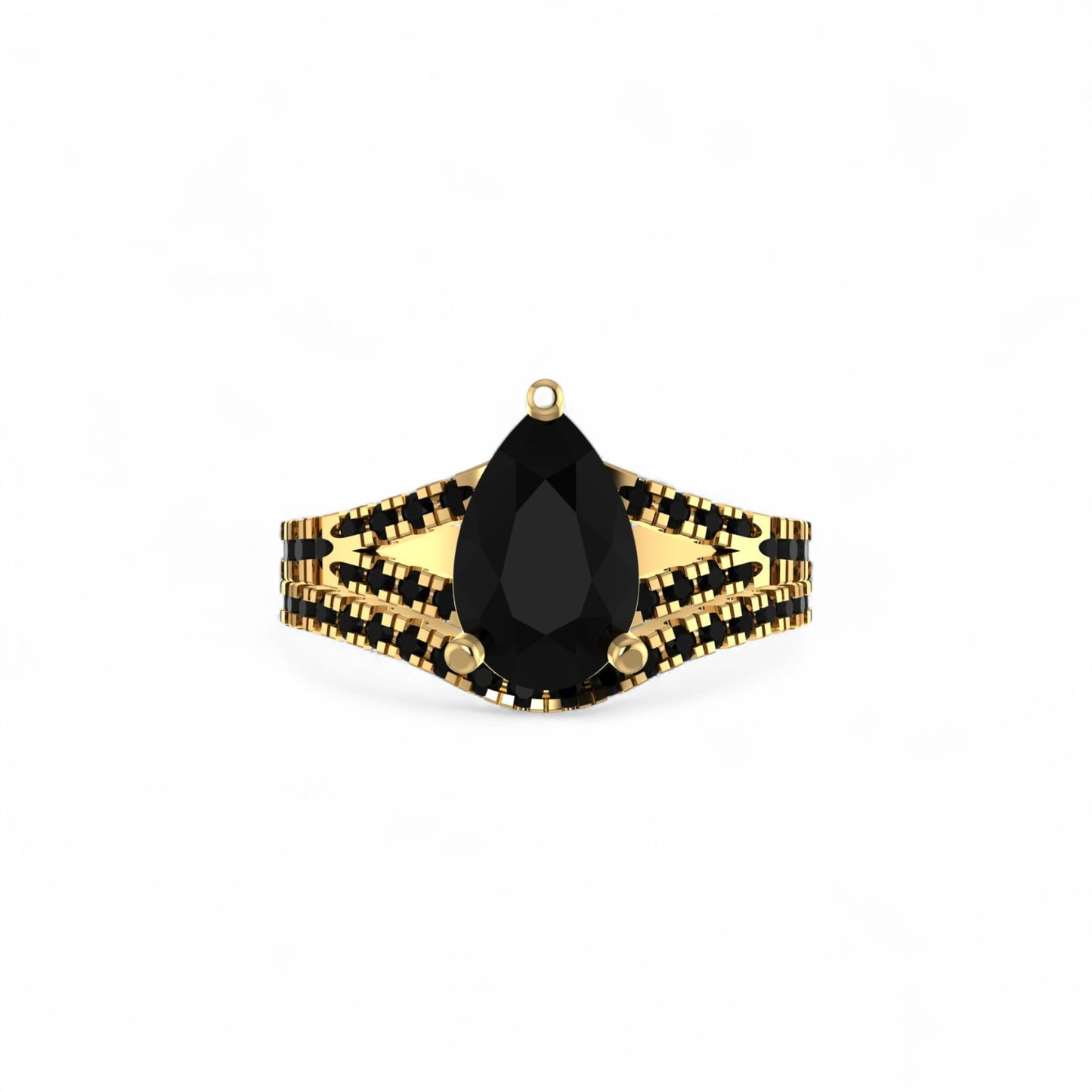 Gold ring with a black teardrop-shaped gemstone on a white background