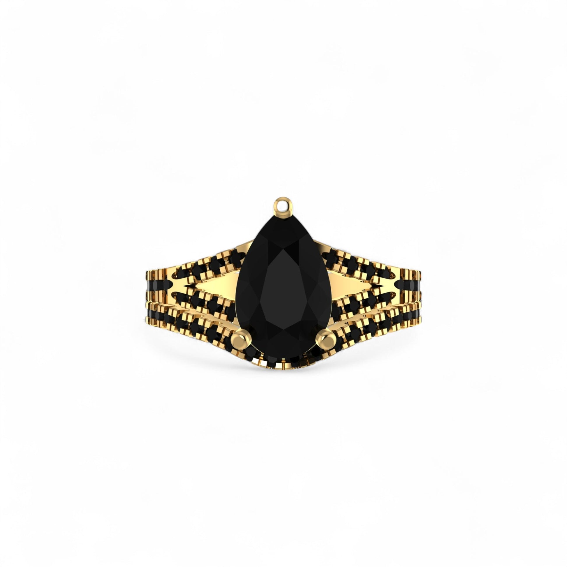 Gold ring with a black teardrop-shaped gemstone on a white background